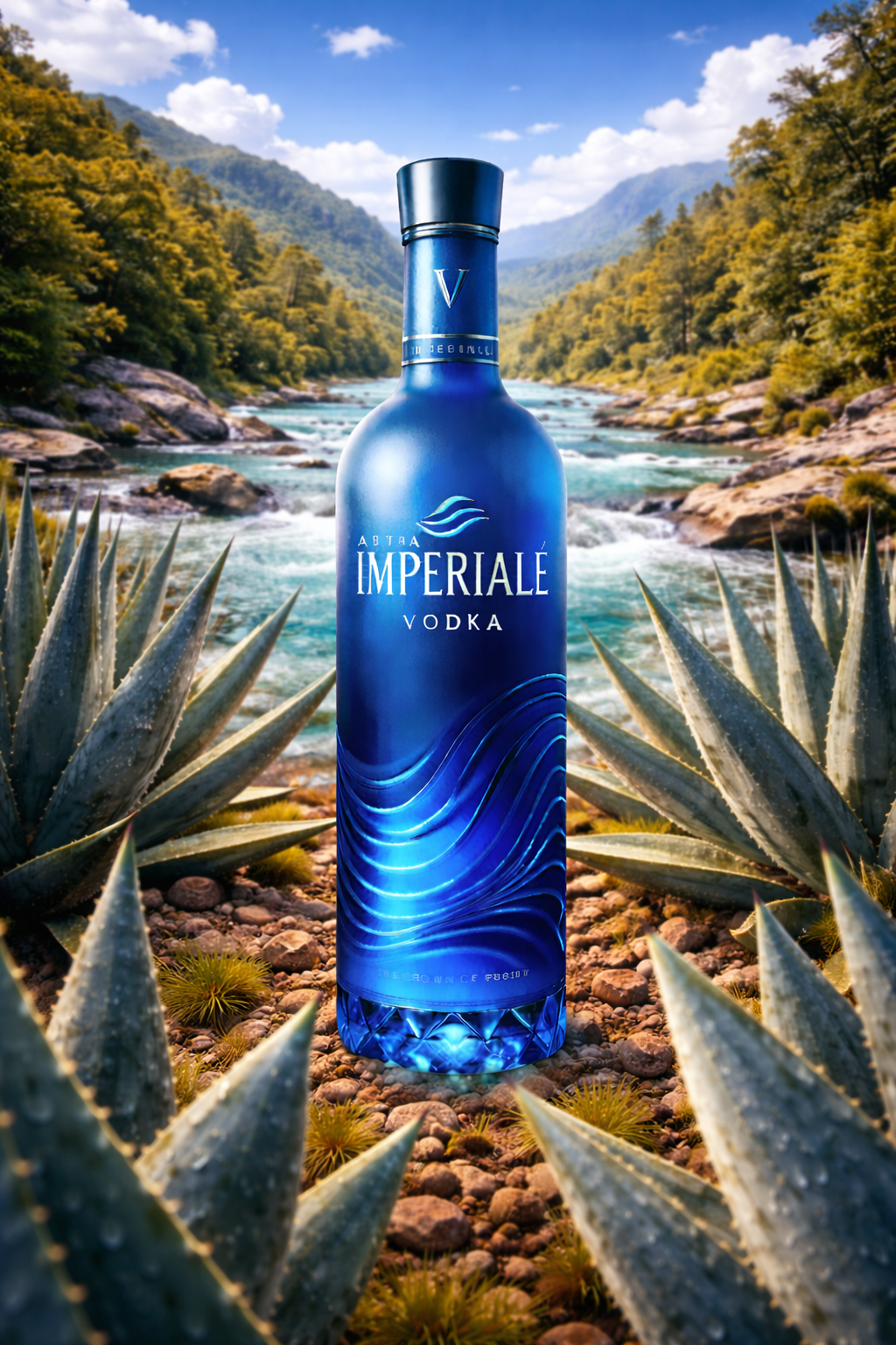 Bottle of Imperiale Vodka with a scenic background of a river and mountains.