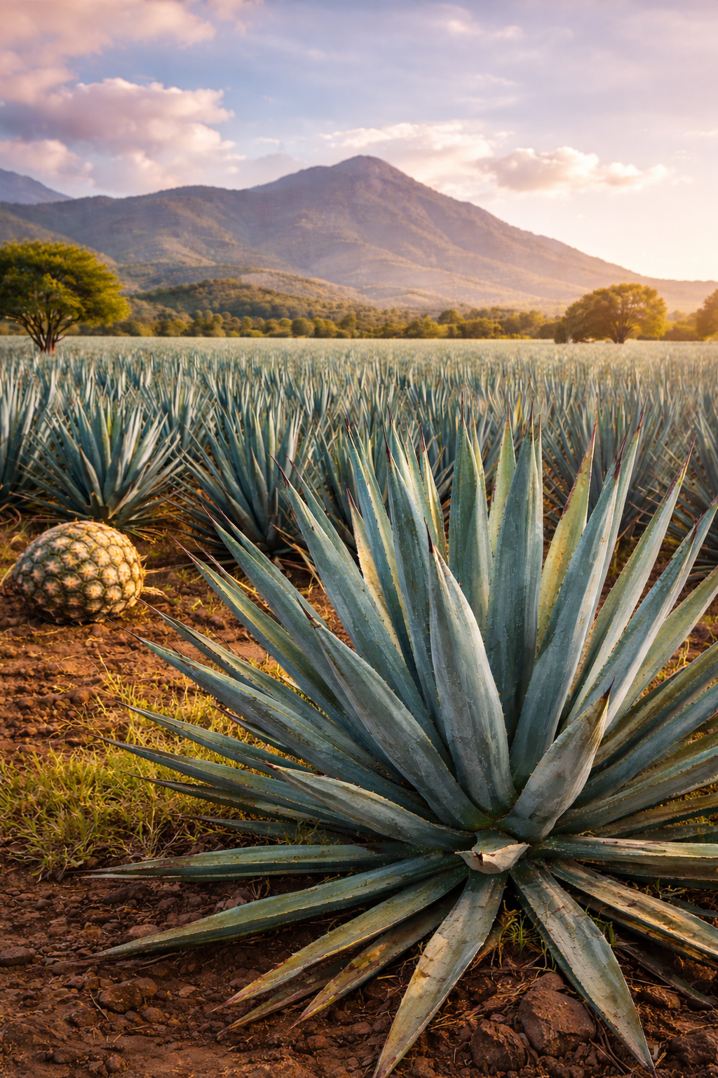 Field of agave plants with mountains in the background