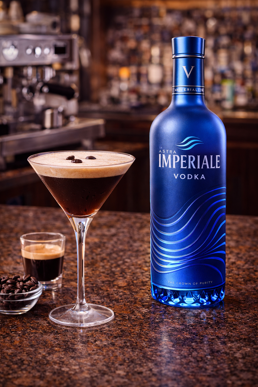 Imperiale Vodka bottle with a cocktail on a bar counter