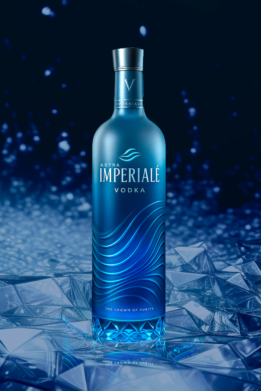 Bottle of Imperiale  Agave Vodka on a blue and crystal background
