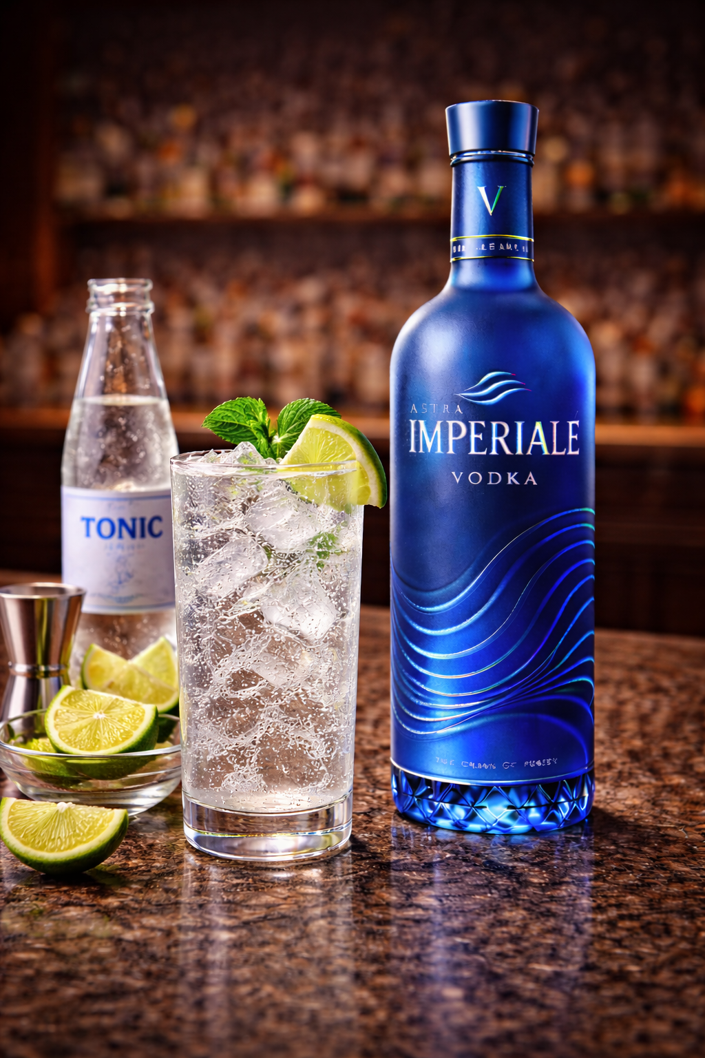 Bottle of Imperiale Vodka with a cocktail and tonic water on a bar counter.