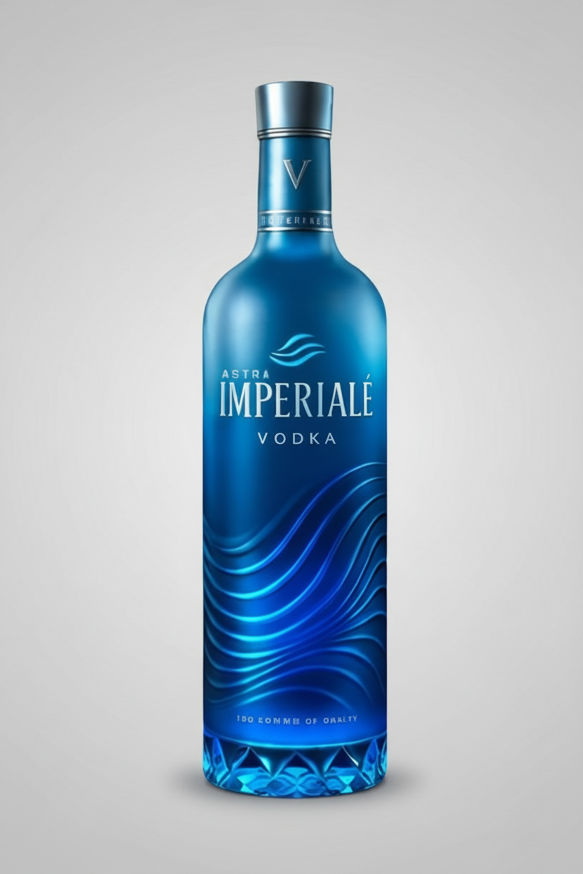 Blue bottle of Imperiale Vodka against a snowy mountain landscape