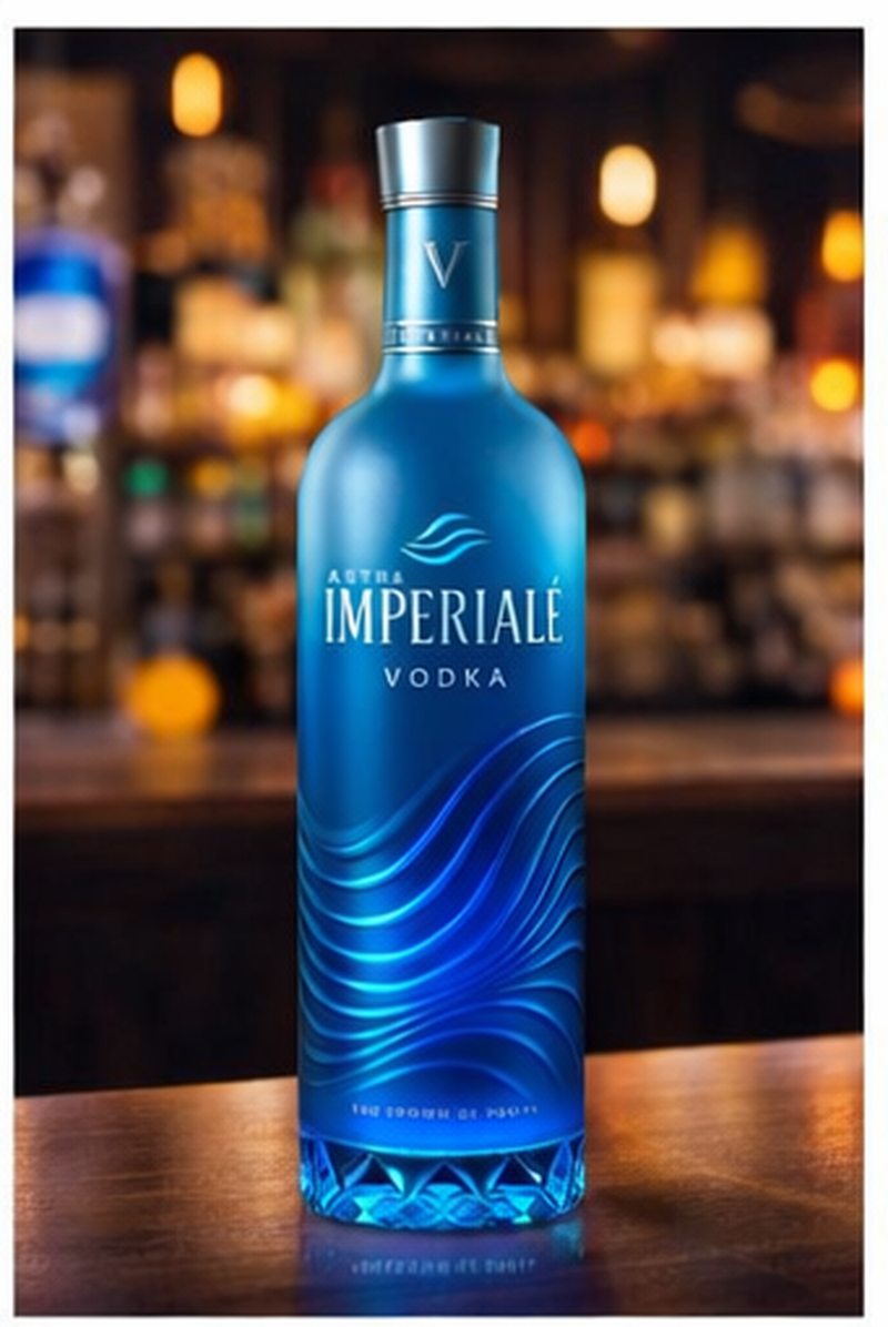 Blue bottle of Imperiale Vodka on a bar counter with blurred bar background