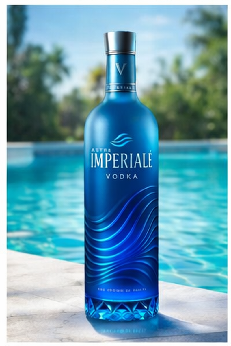 Blue bottle of Astor Imperiale Vodka by a pool with blurred greenery in the background