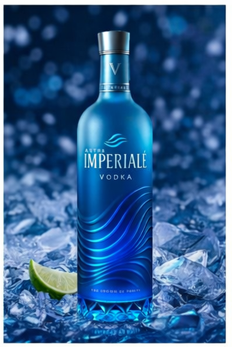 Blue bottle of Imperiale Vodka on a bed of ice with a blurred blue background