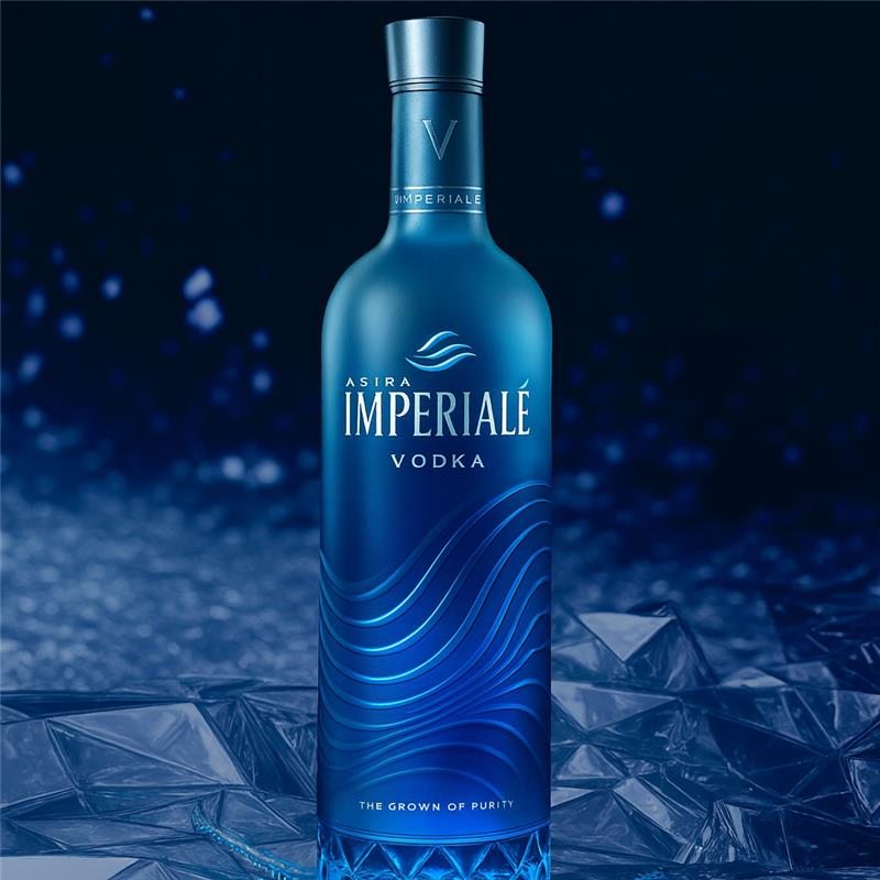 Blue bottle of Asira Imperiale  Agave Vodka on a dark background with ice crystals.
